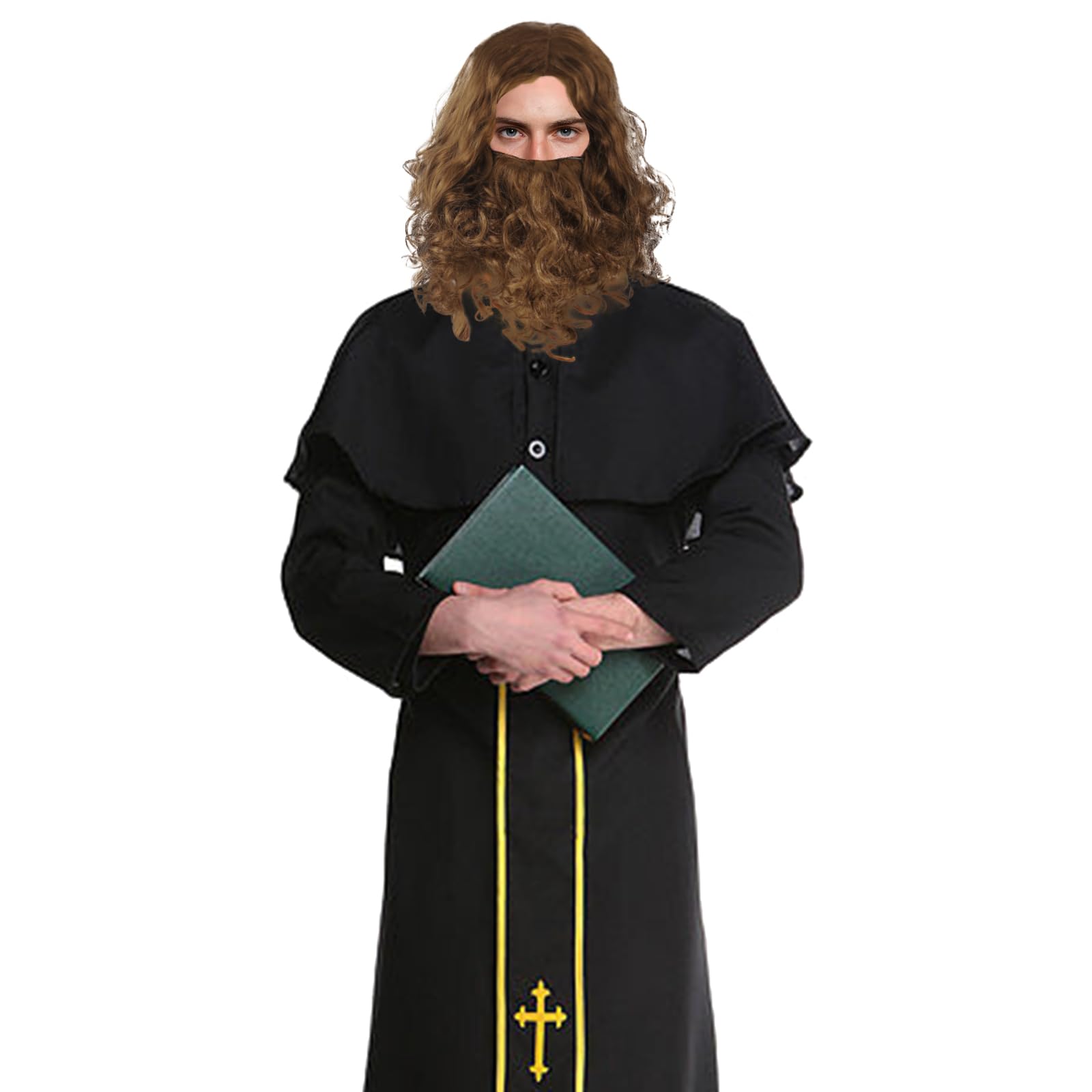 EUPSIIU Mens Wigs Brown Long Curly Wig Moustache and Crossing Necklace Adult Cosplay Halloween Costume Brown Wig Beard Fancy Dress Costume Curly Fake Wizard Christmas Cosplay Party - Image 3