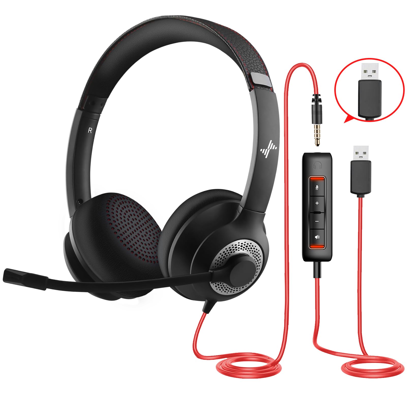 JIAMQISHI USB Headset with Microphone for PC, On-Ear Computer Laptop Headphones with Noise Cancelling Mic in-line Control for Home Office Online Class Zoom