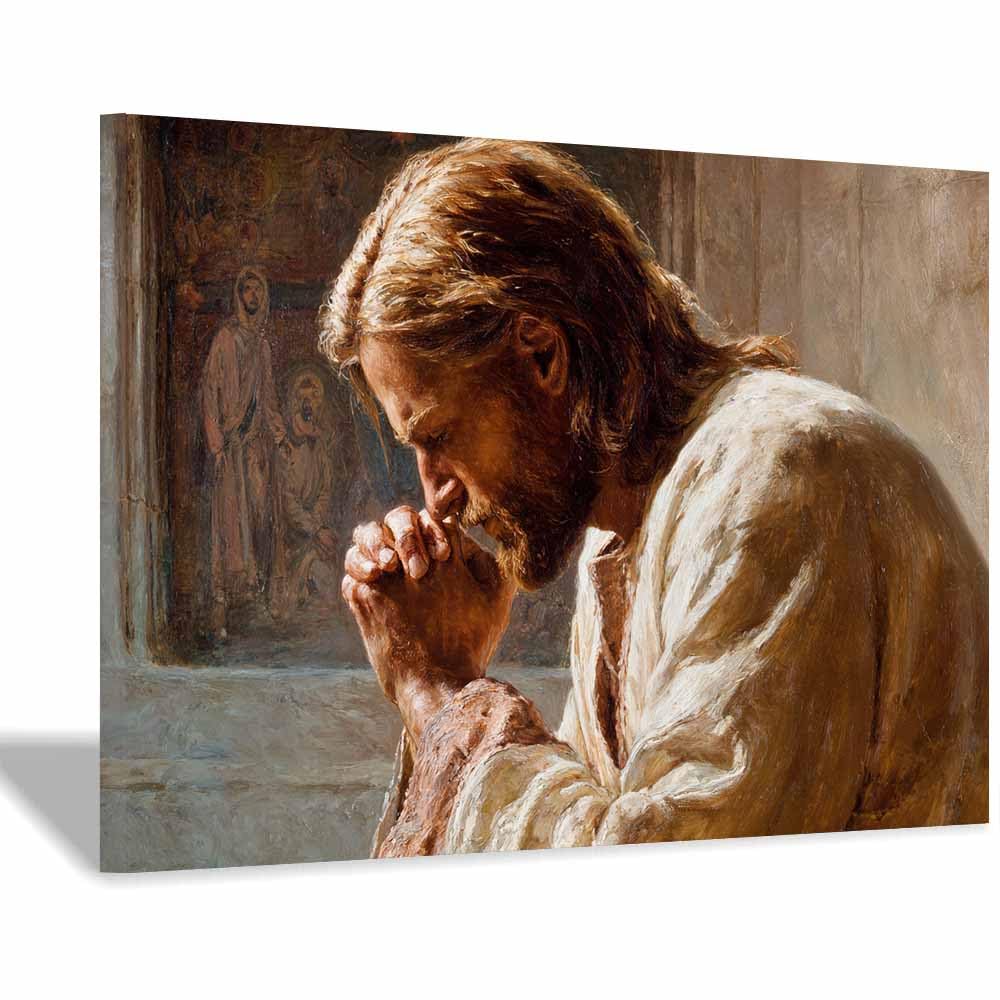 ZAMAEIU Christians Spiritual Wall Decor Pictures Praying and contemplating Painting Print, Religions Poster Artwork for Living Room Bedroom Church Home Decor(beige0)-30x50cm Framed