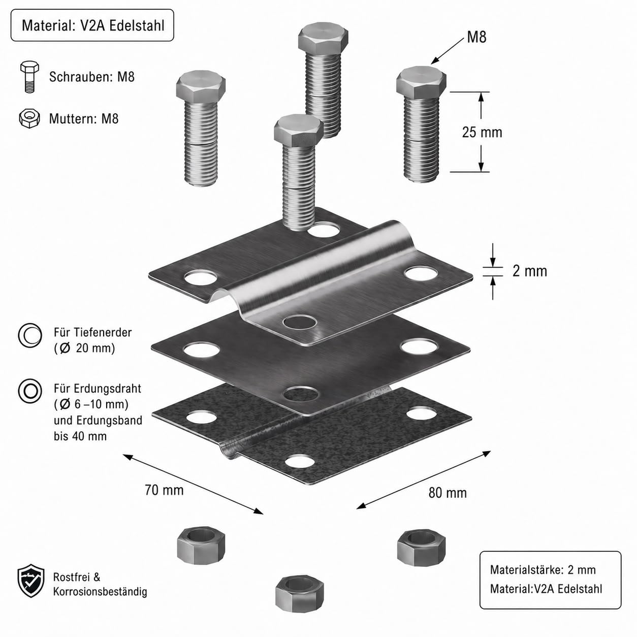 Abrazadera en cruz, conector en cruz para banda de tierra de hasta 40 mm, conductor redondo, diámetro de 10 mm, tornillos M8 hasta acero inoxidable de 20 mm de diámetro, varilla de tierra