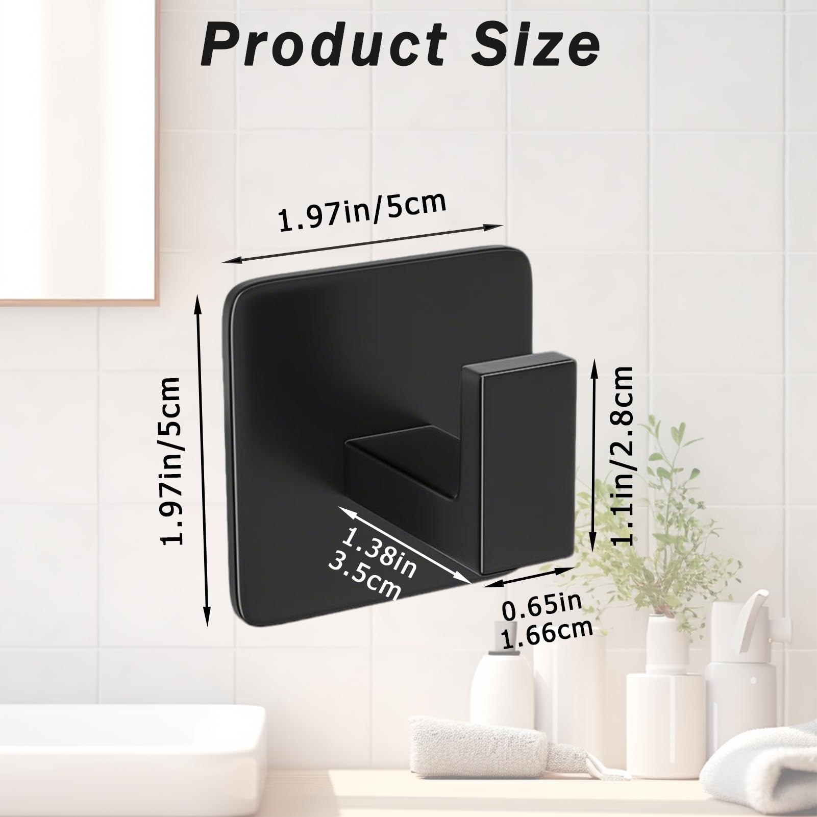 Paquete de 4 ganchos cuadrados autoadhesivos para toallas, gancho negro mate para toallas de baño, sin taladrar, gancho de pared de aluminio resistente para baño, dormitorio, cocina (2