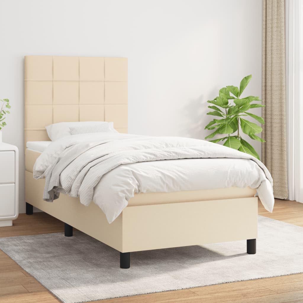 Cama con somier con colchón de 80 x 200 cm en tela crema y superficie de descanso de dureza media para un sueño reparador