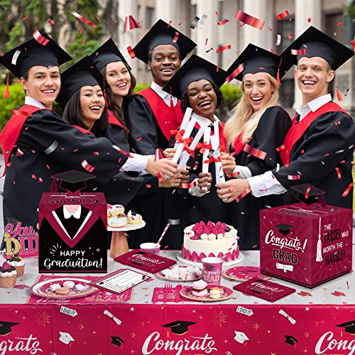 Image of Funrous Large 2026 Maroon and Black Graduation Card Box with 30 Pcs Advice Card Gift Money Box Congrats Grad 3D Cap Top Holder Class of 2026 Party Decorations College Graduation Supplies