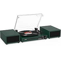 Udreamer Giradischi con 2 altoparlanti stereo doppio, giradischi vintage Bluetooth 5.3 supporta 3 velocità, AUX-In, RCA Line, USB, riproduzione wireless, verde scuro