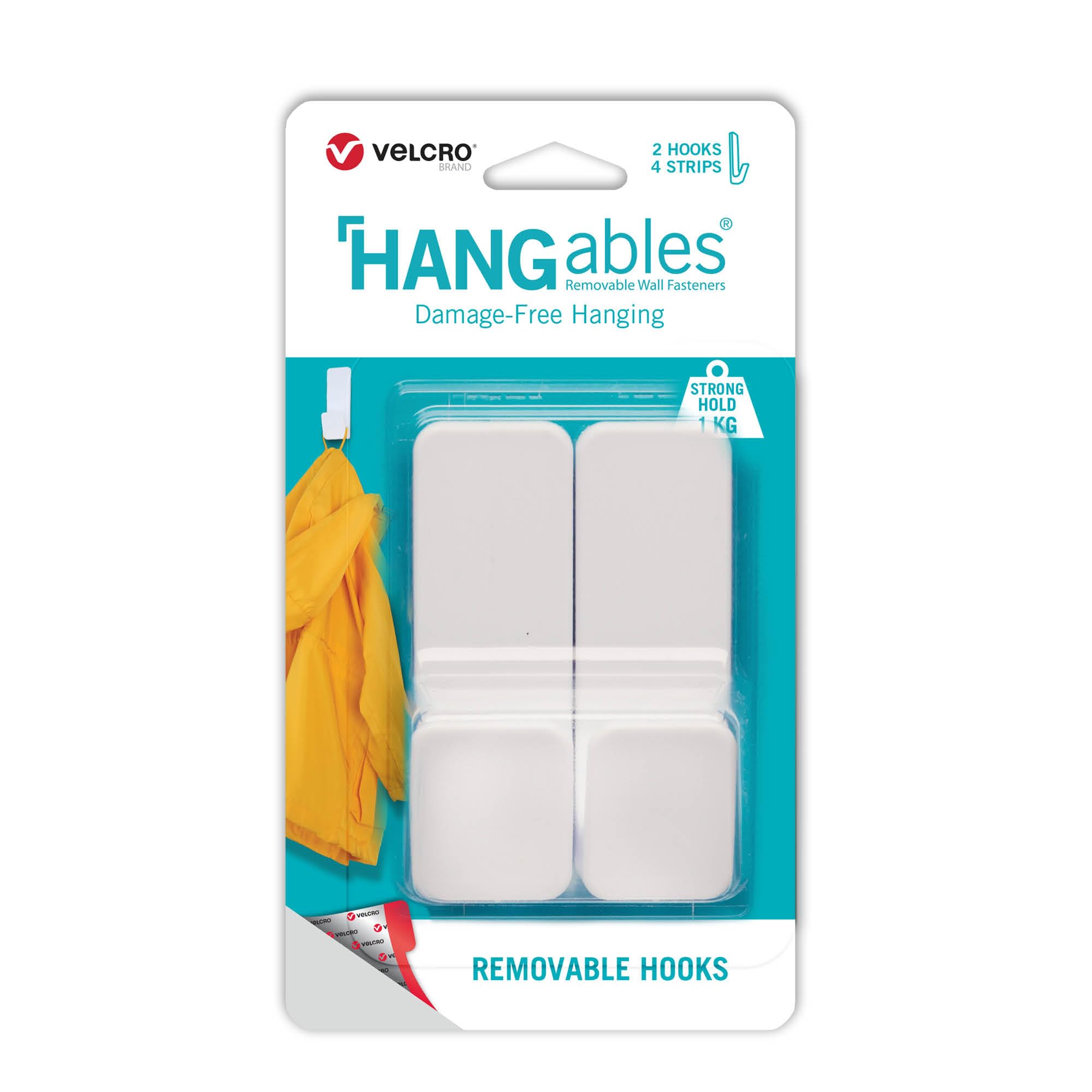 VELCRO BrandHANGables® Removable Large Hook | Strong Self Adhesive Hook for Damage Free Hanging | White | Holds up to 1kg per Hook | Set of 2