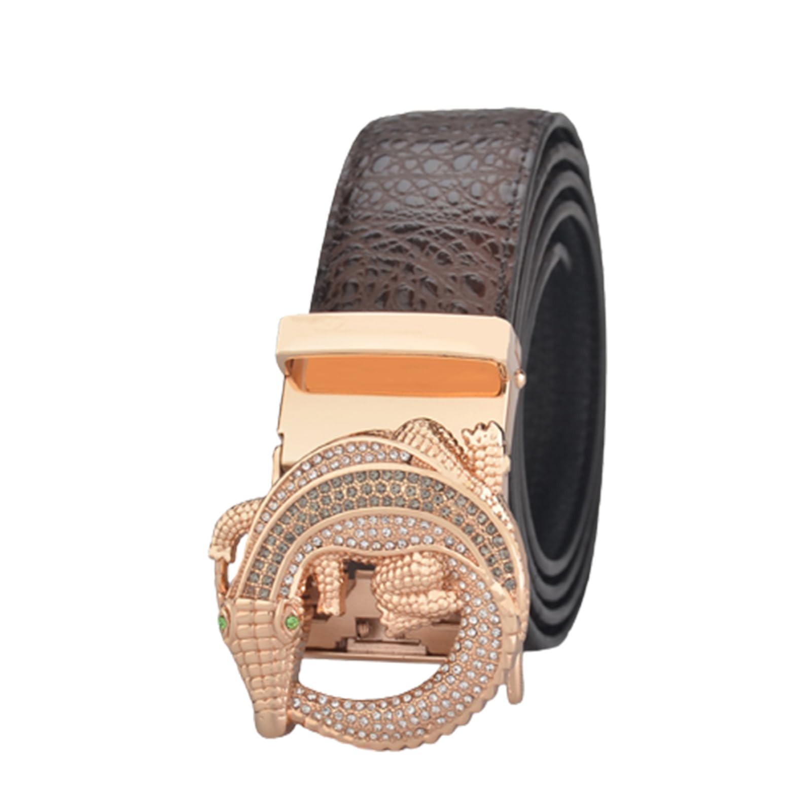 BDAYEK Men's Belt Men's Belt Engraved Hollow Rhinestone Crocodile Leather Automatic Ratchet Buckle(Black,125Cm/Waist:42"~44")
