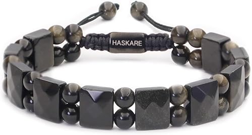 Mens Bracelet Beads Obsidian Crystal - HASKARE Energy Protection Obsidian Beads Healing Crystal Bracelet, Genuine Mens Stone Bracelet Obsidian Woven