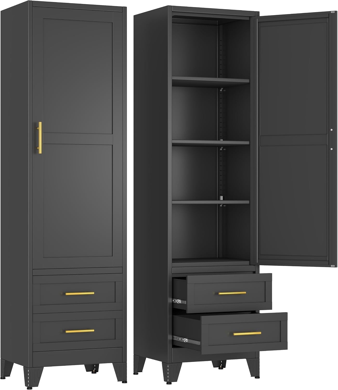 Metal Tall Narrow Storage Cabinet,Freestanding Floor Cabinet with 2 Drawers and 3 Adjustable Shelves,Pantry Storage Cabinets for Bathroom,Living Room,Entryway and Kitchen,Black