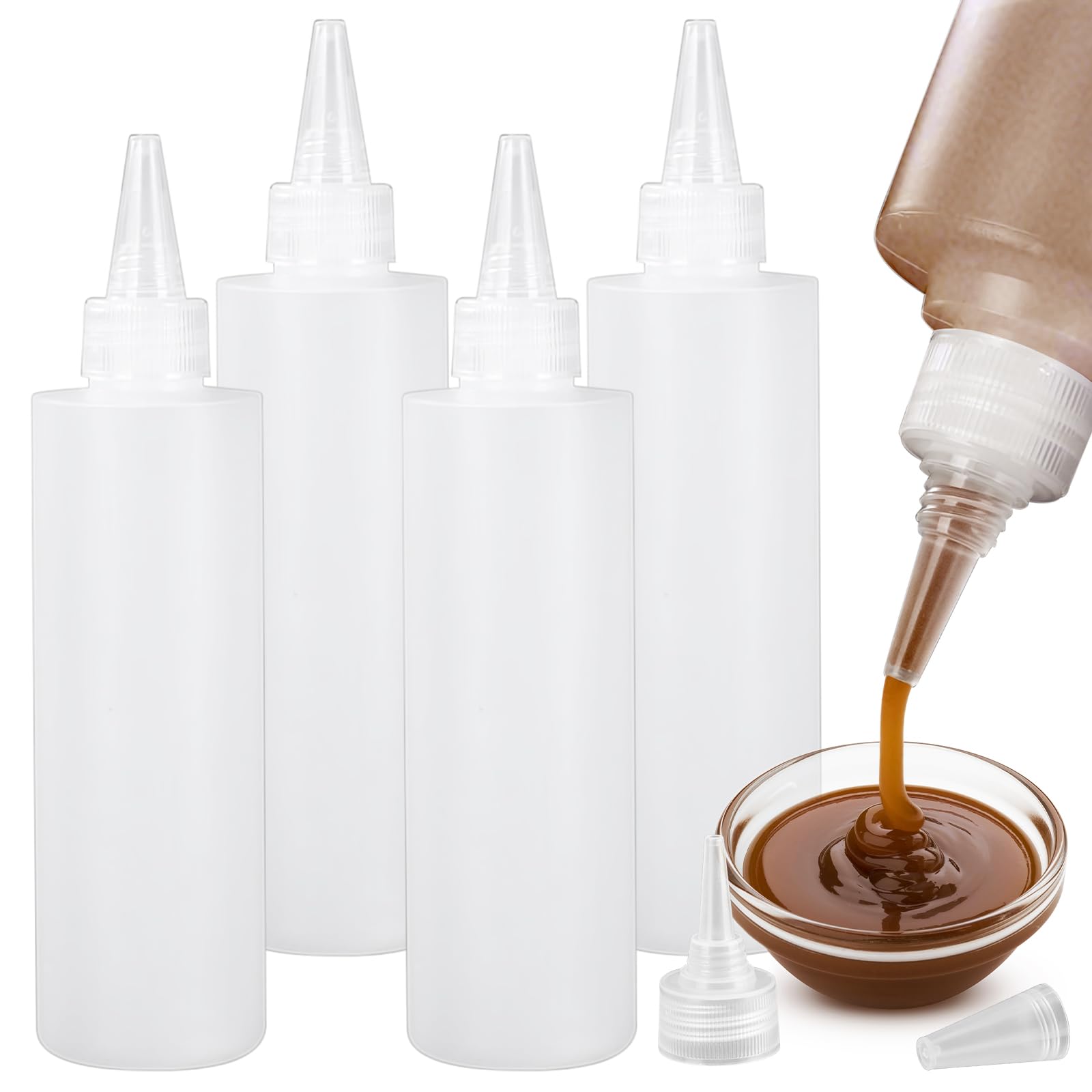 Pack of 4 Squeeze Bottles for Condiments, Plastic Bottles with Squeeze Lid for Sauces, Sauce Dispenser for Barbecue, Ketchup, Mustard, Syrup, Sauces, Dressing, Oil (500ml)