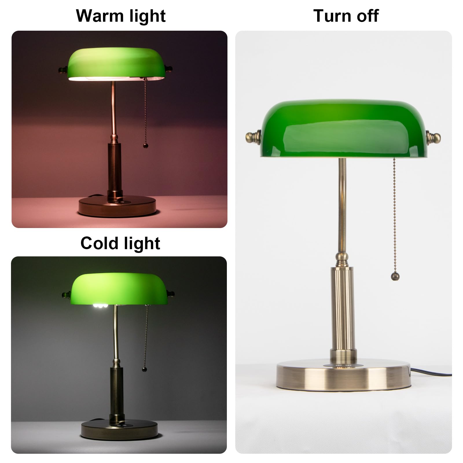 FIRVRE Lámpara de escritorio de banquero de vidrio Lámpara de mesa retro clásica tradicional con cargador inalámbrico y puerto USB Interruptor de cadena de tracción de latón de metal antiguo (Verde)