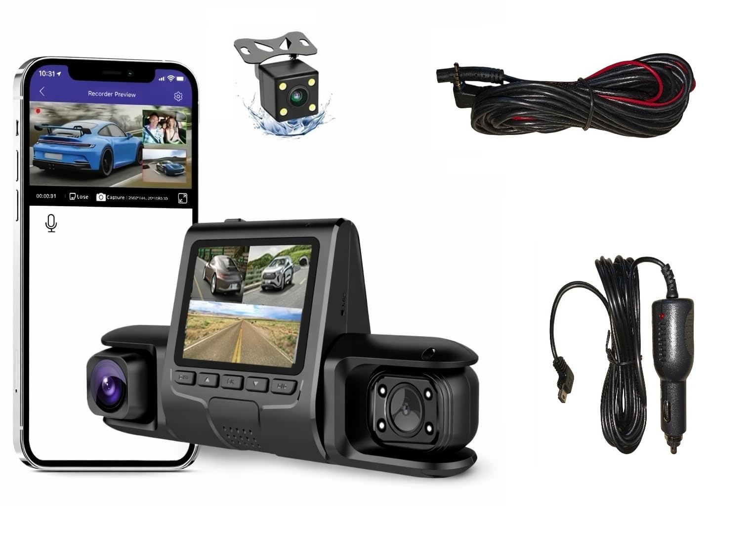 3 Channel Dash Cam with Front, Interior and Rear Camera, 1080p Full HD | Triple Lens Recording, Night Vision, Loop Recording, Wide Angle View, Compact Design-image-9