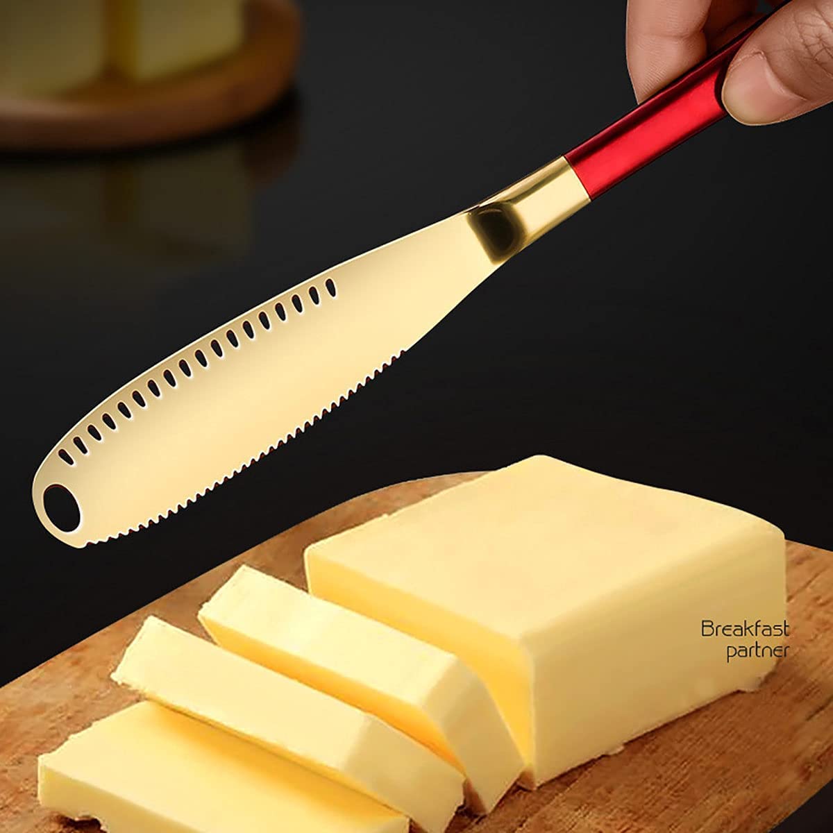 NAIDEV 1 PCs Butter Spreader Knife, Stainless Steel 3-in-1 Curler Slicer Spreader knives with Serrated Edge for Cutting & Spreading Butter Cheese Jam (red gold) 1