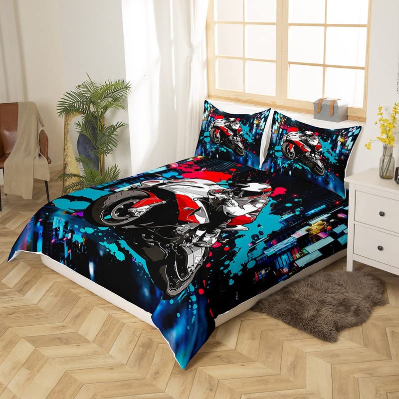 Blue Graffti Dirt Bike Bedding Set for Girls Boys Racing Motocross Rider Comforter Cover Extreme Sports Duvet Cover Motorbike Bedspread Cover King Size 3Pcs - Image 3