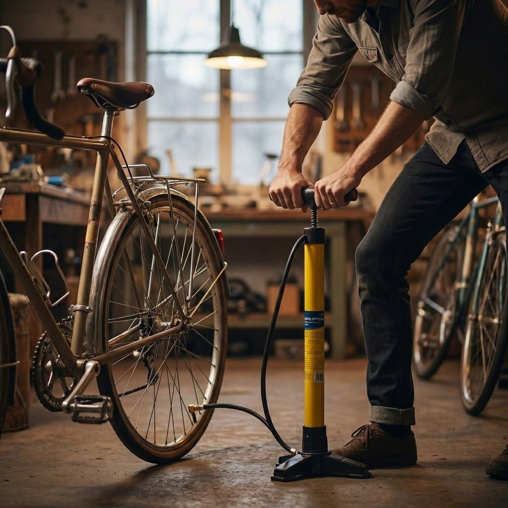 Pompa da Bici a Pavimento 3 Piedi con Raccordo in Ottone | Pompa Officina Tubolare in Metallo