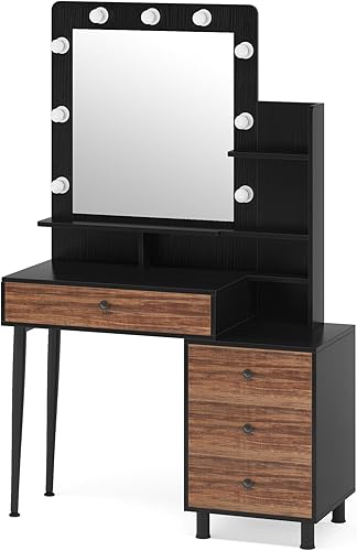 Miniatura 8 de Tribesigns - Tocador estilo antiguo con espejo iluminado para maquillaje con cajón grande y una cómoda con 3 cajones tocador para mujer rústico