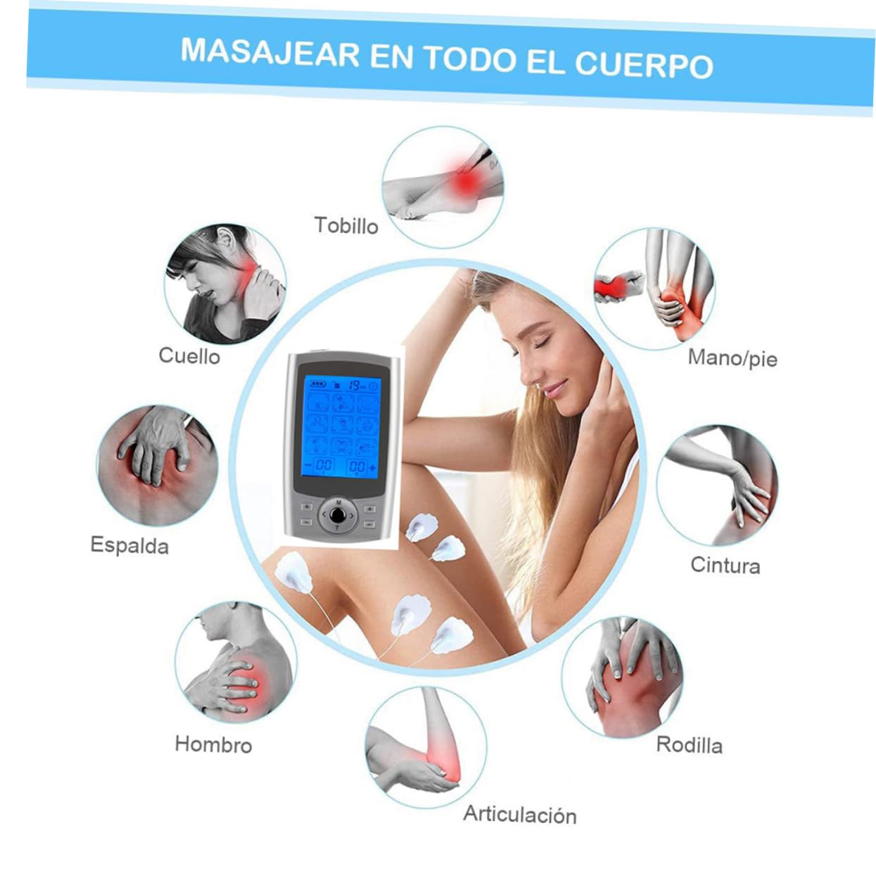 Yardwe Dispositivo de Electromasaje, Máquina de Masaje Muscular con 36 Funciones y 8 Parches de Masaje, Color Plata