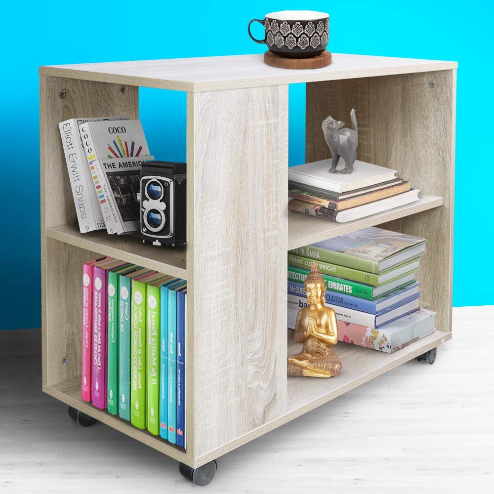 BAKAJI Bibliothèque Basse étagère à 5 étagères avec Roues en Bois mélaminé, Table latérale pour canapé, Design Moderne, pour Salon, Maison ou Bureau (Beige)