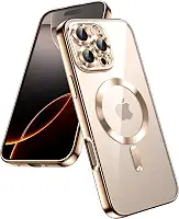 JETech Capa Claro Macia para iPhone 16 Pro Max 6,9 Polegadas, Proteção Total da Lente da Câmera, Compatível com Carregamento Sem Fio MagSafe, Case de Telefone TPU Galvanizada (Titânio-Deserto)