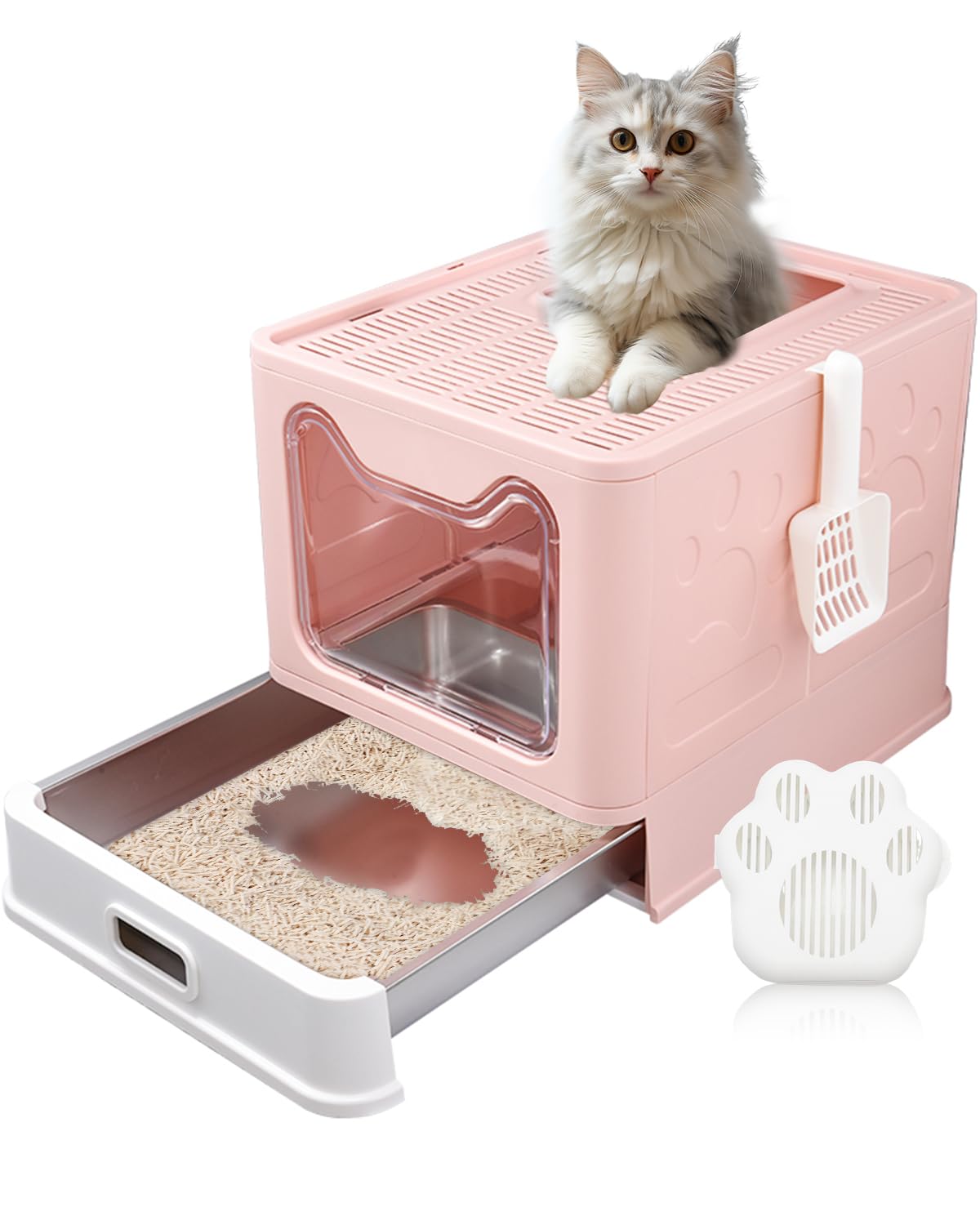 LEEJARD Katzenklo mit Deckel, ausziehbares Edelstahl Tablett und Katzenklo Schaufel, hop in Katzenklo XXL Katzentoilette geschlossen geräumig katzenklo groß für Katzen bis 15 kg, Leichtere Reinigung