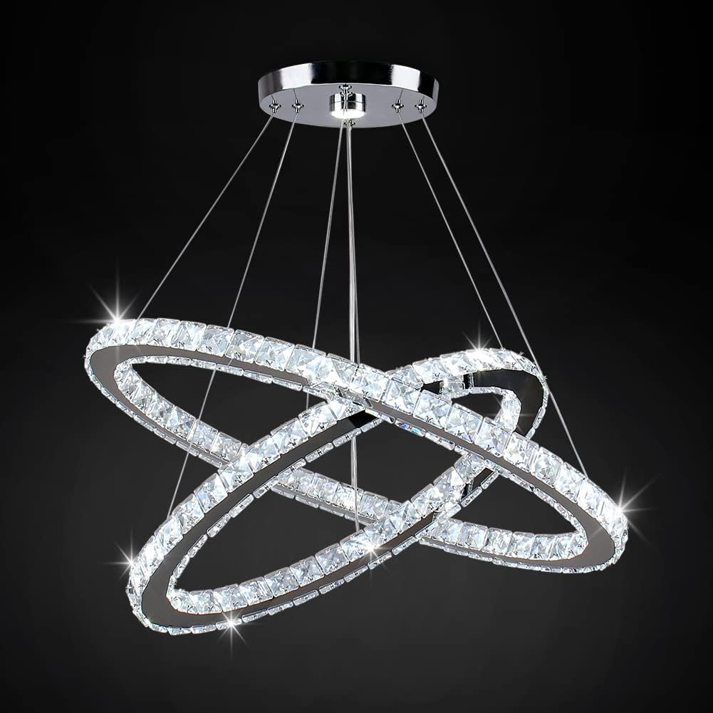 Lampadario LED moderno in cristallo, lampadario a sospensione ovale a 2 anelli, altezza regolabile, 56 cm + 32 cm, luce bianca fredda 6500K, per soggiorno, sala da pranzo e camera da letto