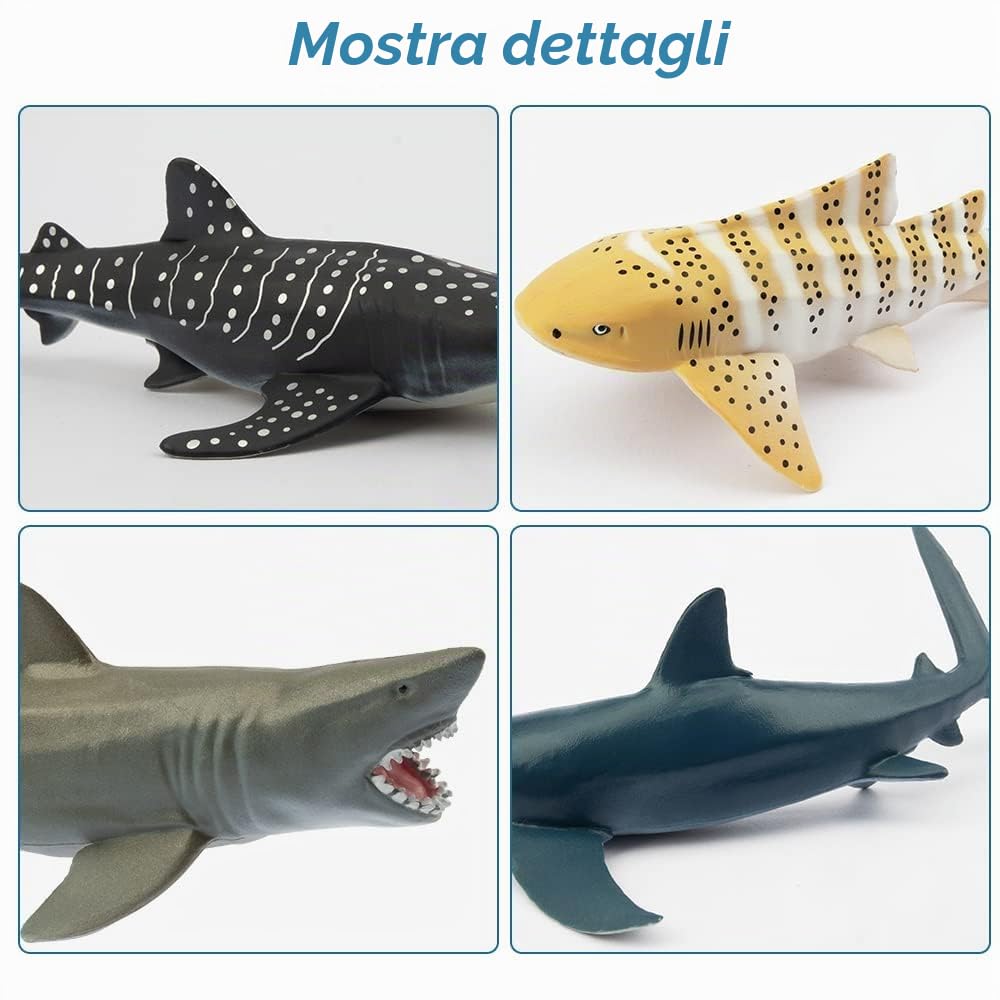 TOYMANY Set di 6 personaggi di squalo con animali marini, giocattolo da 12 a 14 cm, realistico, giocattolo di squalo per bambini, per giocare o come decorazione