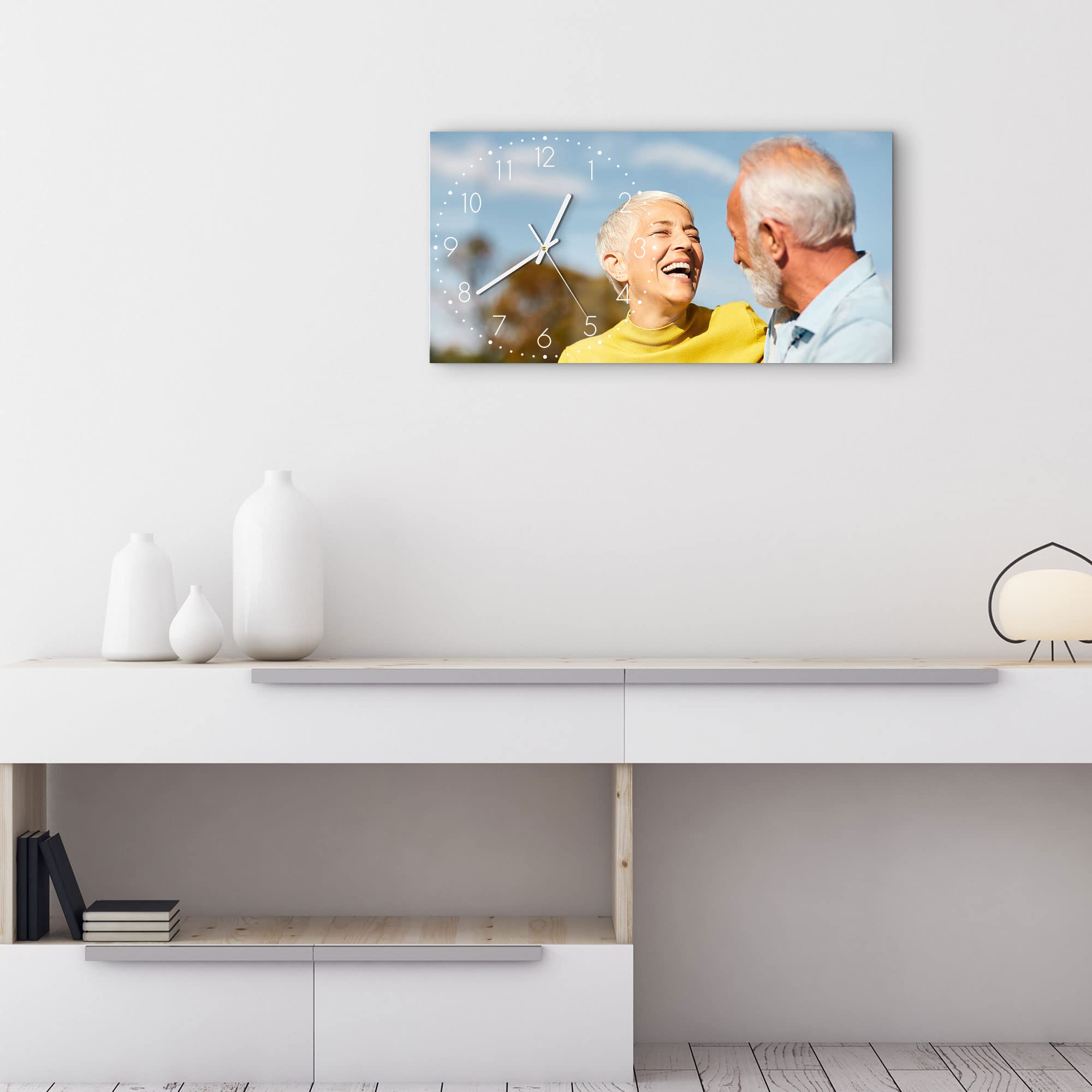 DEQORI Reloj de cristal personalizado con foto | vertical 60 x 30 cm, clásico, negro, imagen propia, reloj de diseño grande XXL de cristal, silencioso, reloj de pared para salón y cocina, moderno
