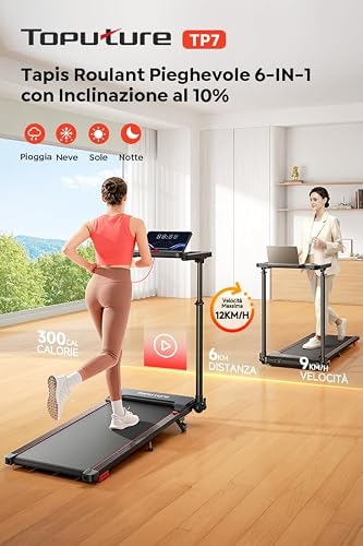 Tapis Roulant Elettrico con 10% Inclinazione, 12km/h Tapis Roulant Pieghevole con Pendenza, Walking Pad, App e Telecomando, Nessuna Installazione Richiesta, Design Salvaspazio per Casa e Ufficio - 2