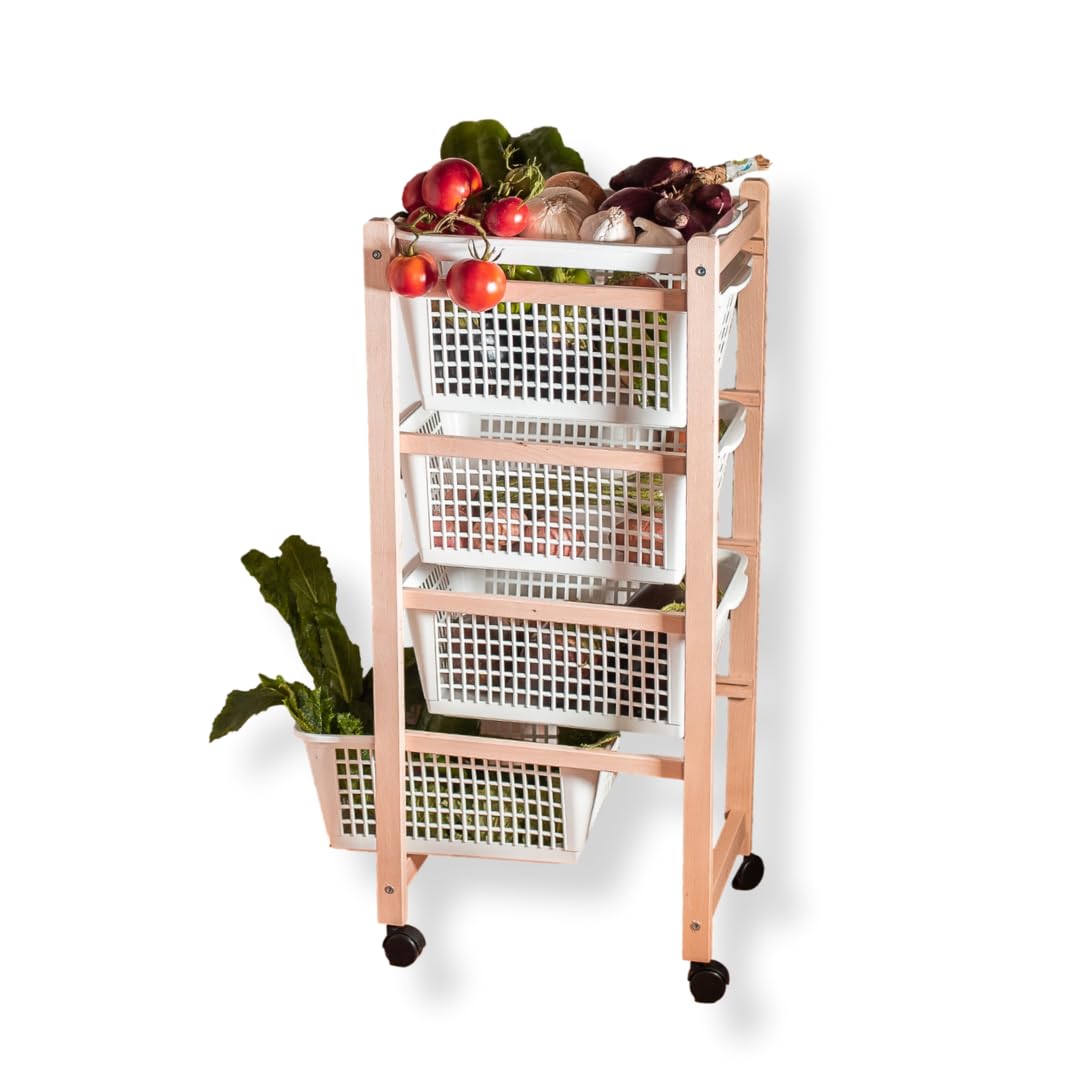 Carrito de cocina con 4 cestas, de madera de haya natural, 36,2 x 30 x 82,3 cm, montado, fabricado en Italia (natural)