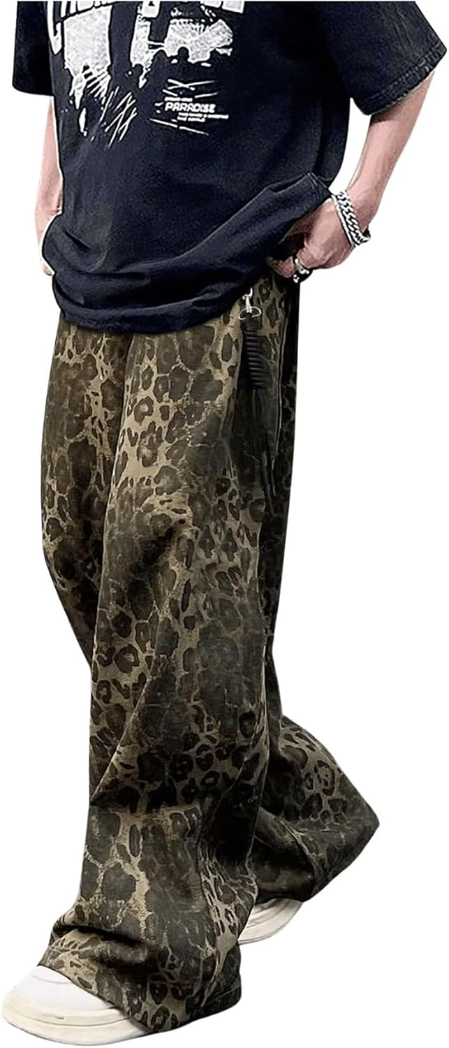 VIPWOLF Men's Leopard Pants Baggy Y2K Cheetah Wide Leg Streetwear Trousers Pants
