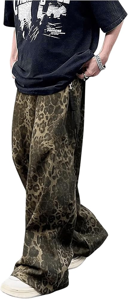 VIPWOLF Men's Leopard Pants Baggy Y2K Cheetah Wide Leg Streetwear