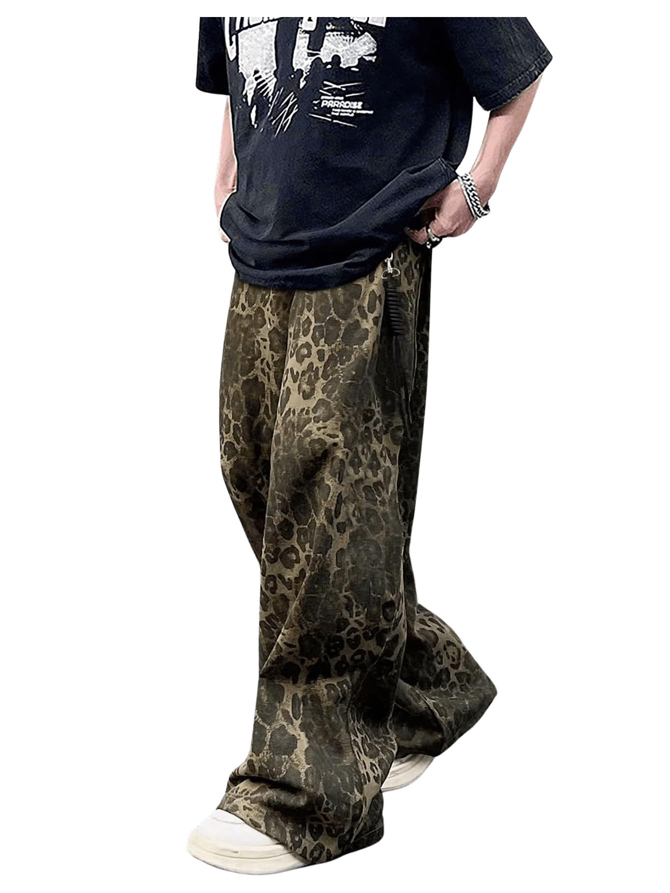 VIPWOLF Men's Leopard Pants Baggy Y2K Cheetah Wide Leg Streetwear