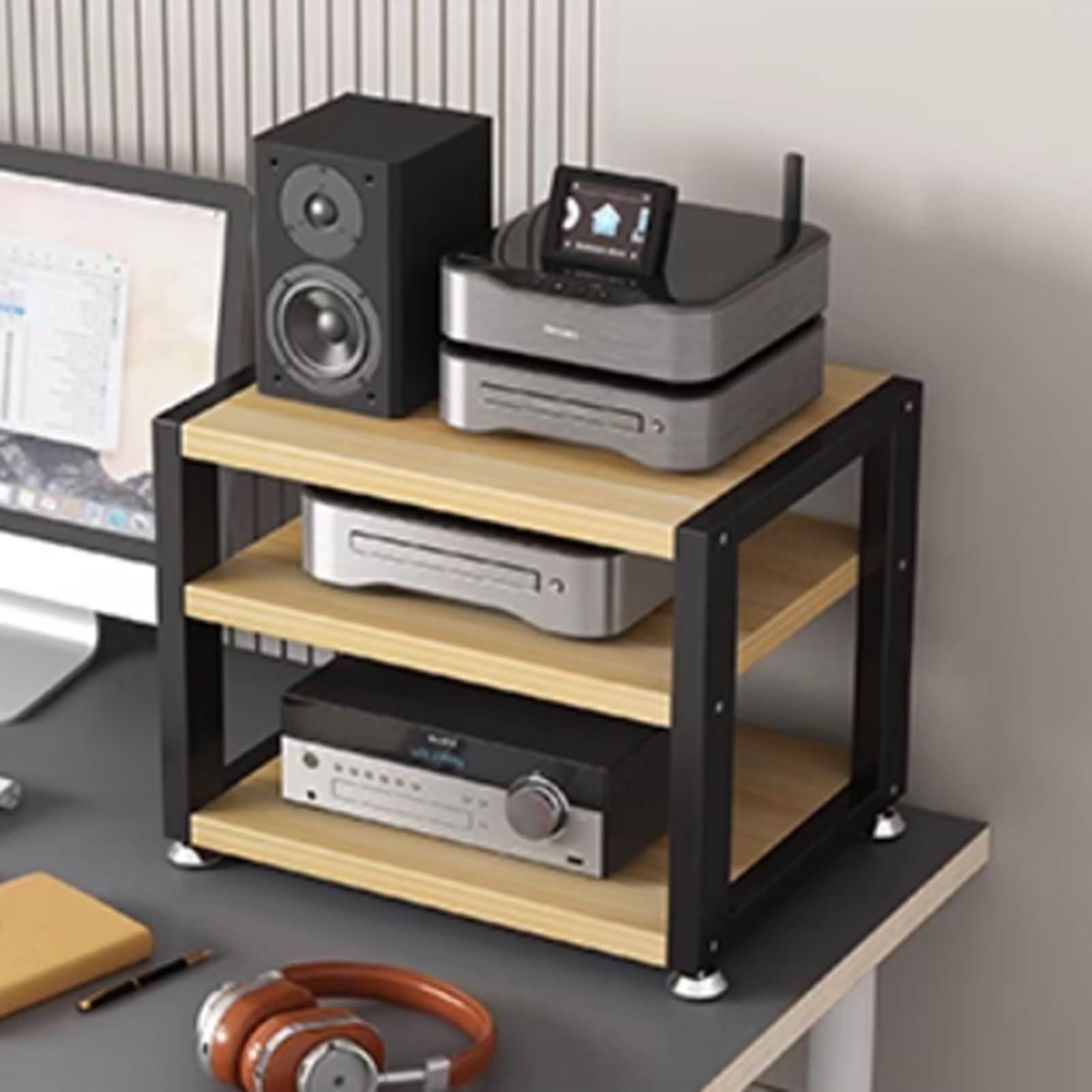 Mini stojak HiFi oszczędzający miejsce stojak na media AV, dekoracyjna szafka stereo, 2-poziomowa wieża do biura, kompaktowa konsola multimedialna, nowoczesne rozwiązanie meblowe