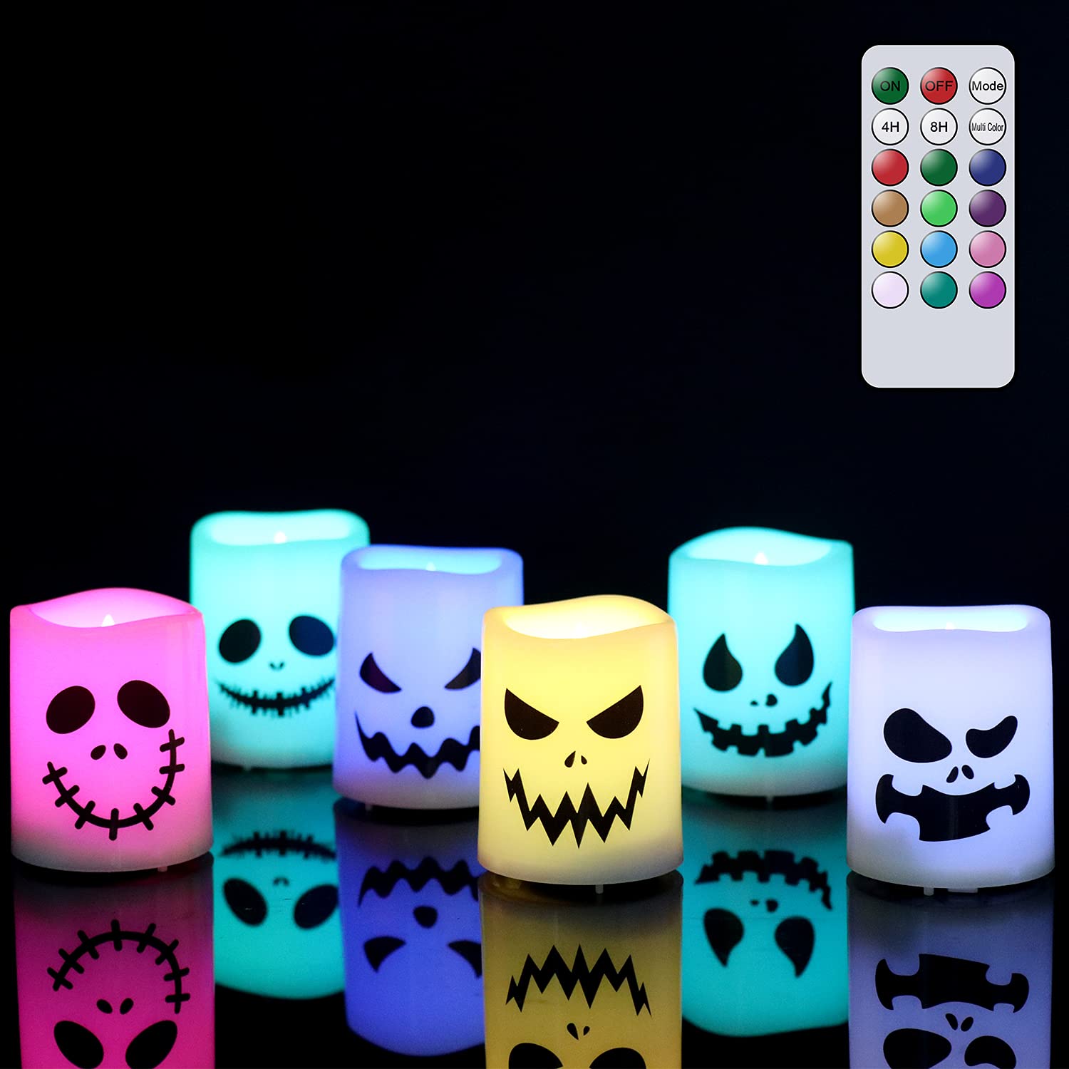 Eldnacele Halloween Flameless Votive Candles with Remote Multi Color Changing LED Tealight Candles Battery Operated Flickering Votive Candle for Halloween Decals Home Decorations Set of 6, D1.5”x H2”