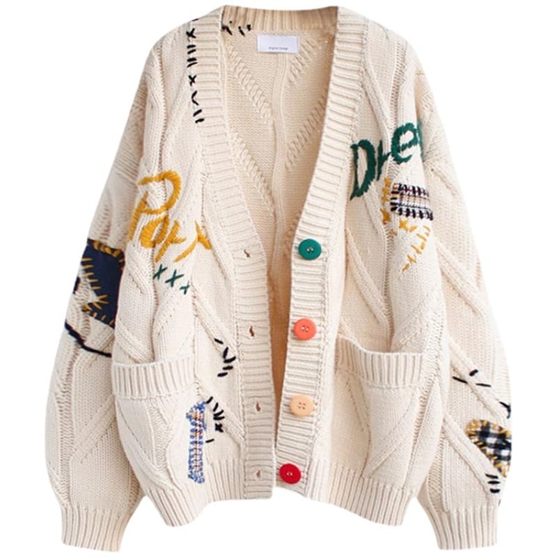 Image of Women's Cable Knit Open Front Cardigan V-Neck Button Down Embroidery Wool Blend Sweater Coat