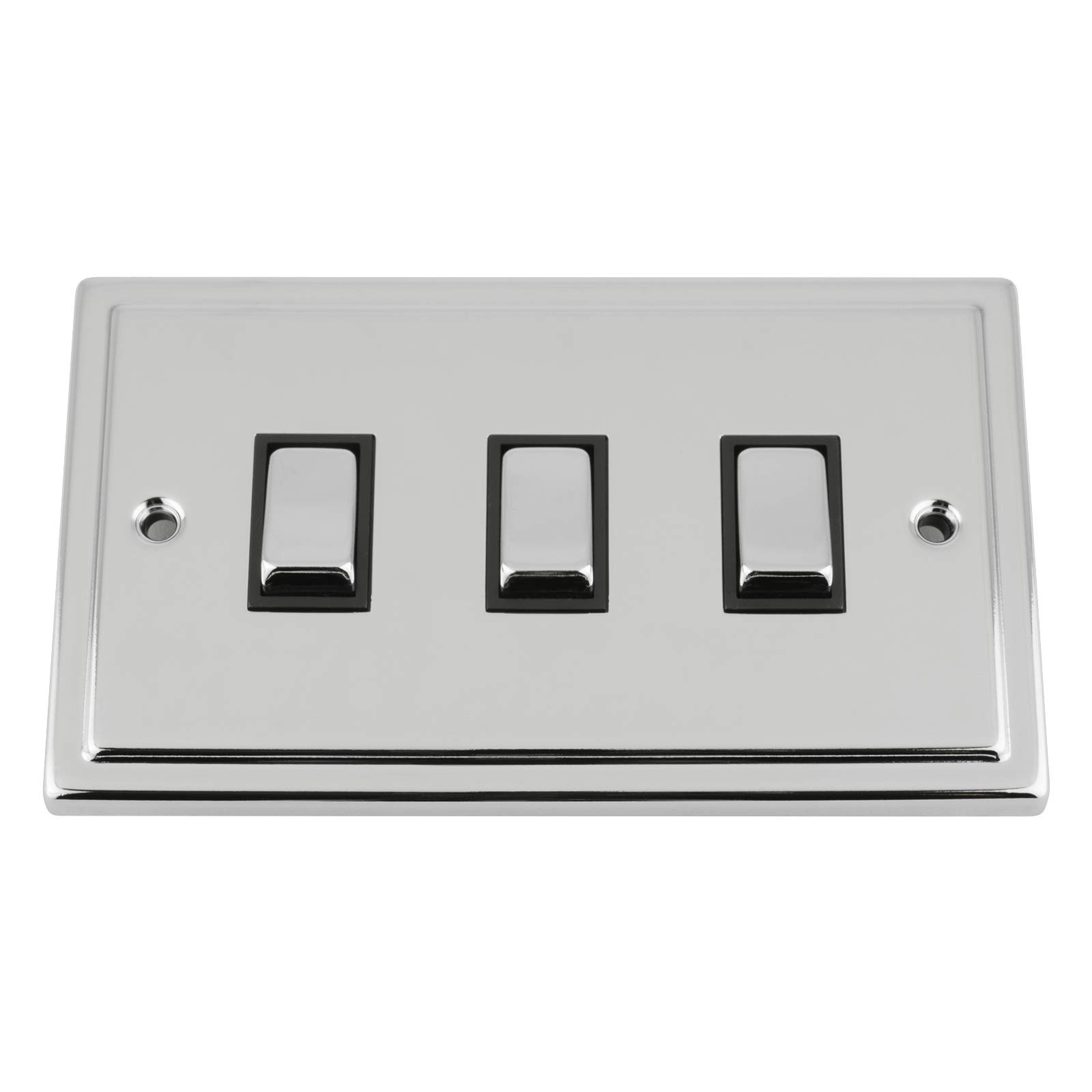 A5 Products Polished Chrome Trimline Switch 3 Gang Black Insert Metal Rocker Switch (Double Plate)