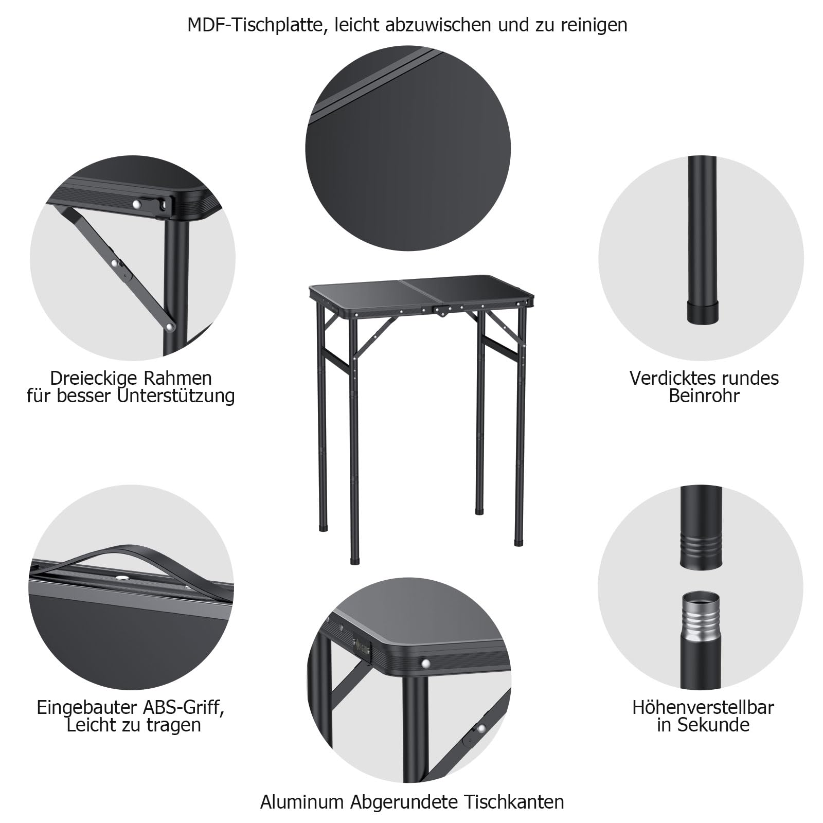 JiGiU Campingtisch 60x40cm Klapptisch mit 3 Höhen & Aluminium Rahmen | Klapptisch Schwarz in 27cm/51cm/74cm Höhenverstellbar, Tragbar Grilltisch Koffertisch für Garten Küche Picknick Innen & Außen