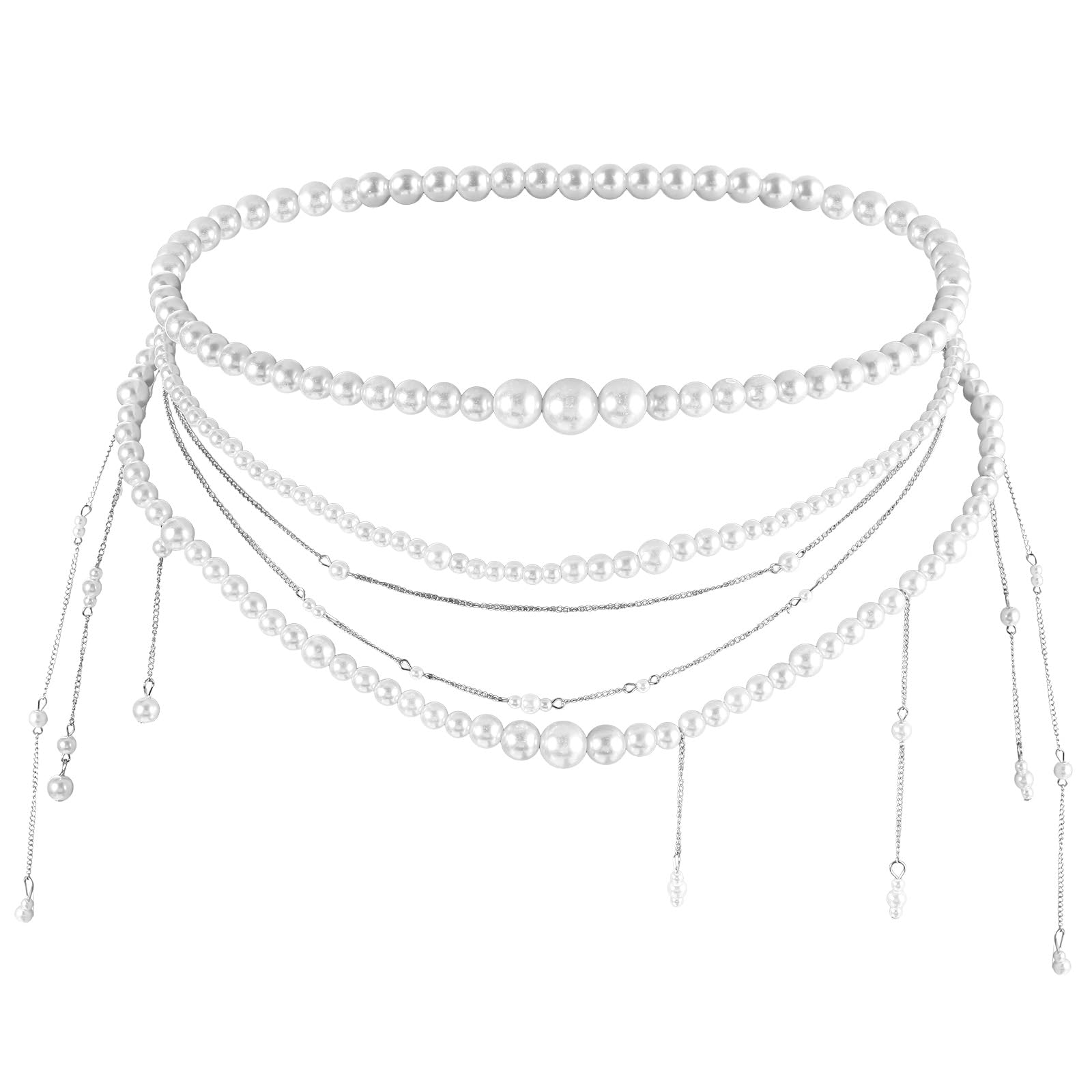 Pearl Body Chain Multi Layered Long Tassel Pearl Wasit Chain Belt for Women White Belly Chains for Dresses Wedding Bridal Festival Rave Body Jewelry for Women-image-20