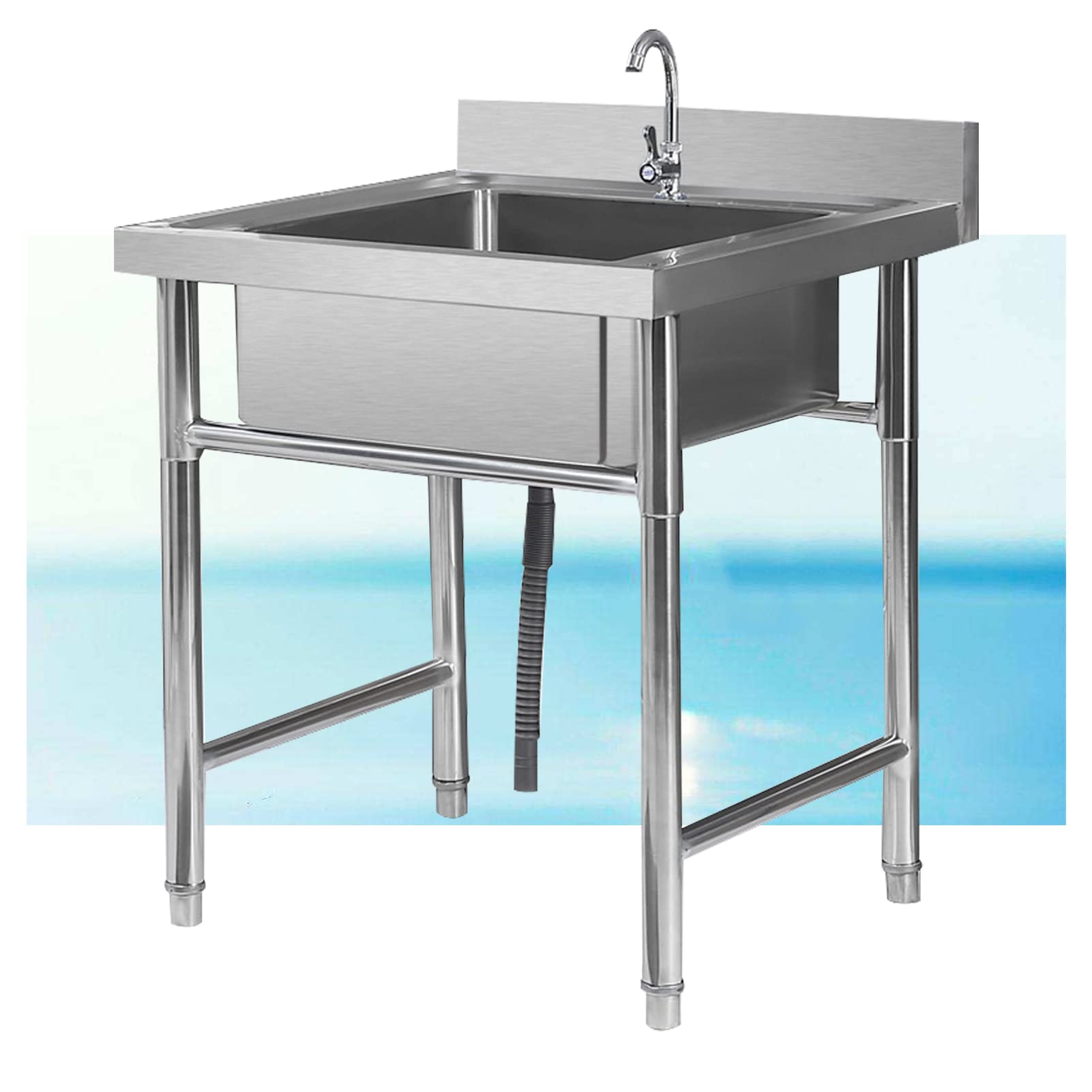 Évier à linge commercial 1 bac en inox 304 avec support et robinet pour garage