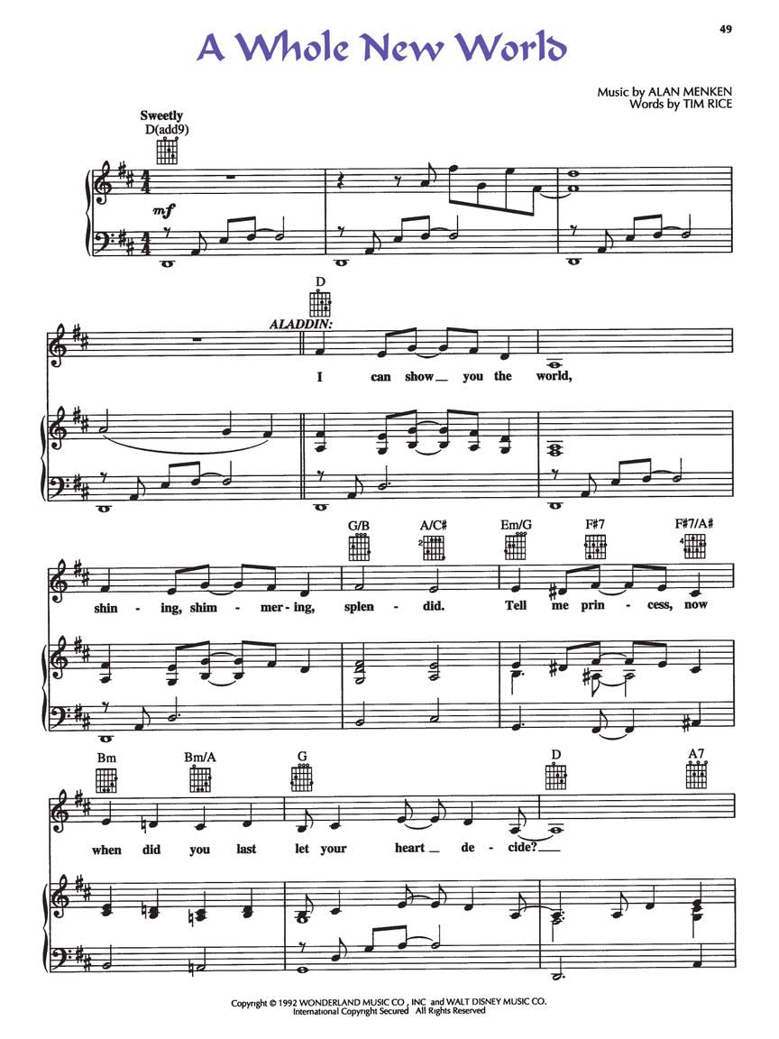 Aladdin - Piano Vocal Guitar Songbook | Disney Animated Film Songs | 7 Iconic Songs from Alan Menken Tim Rice and Howard Ashman | Piano Chords and Guitar Diagrams | Complete with Art