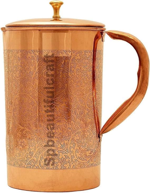 HRS India - Jarra de agua de cobre puro en relieve, con diseño de flores, 1500 ml