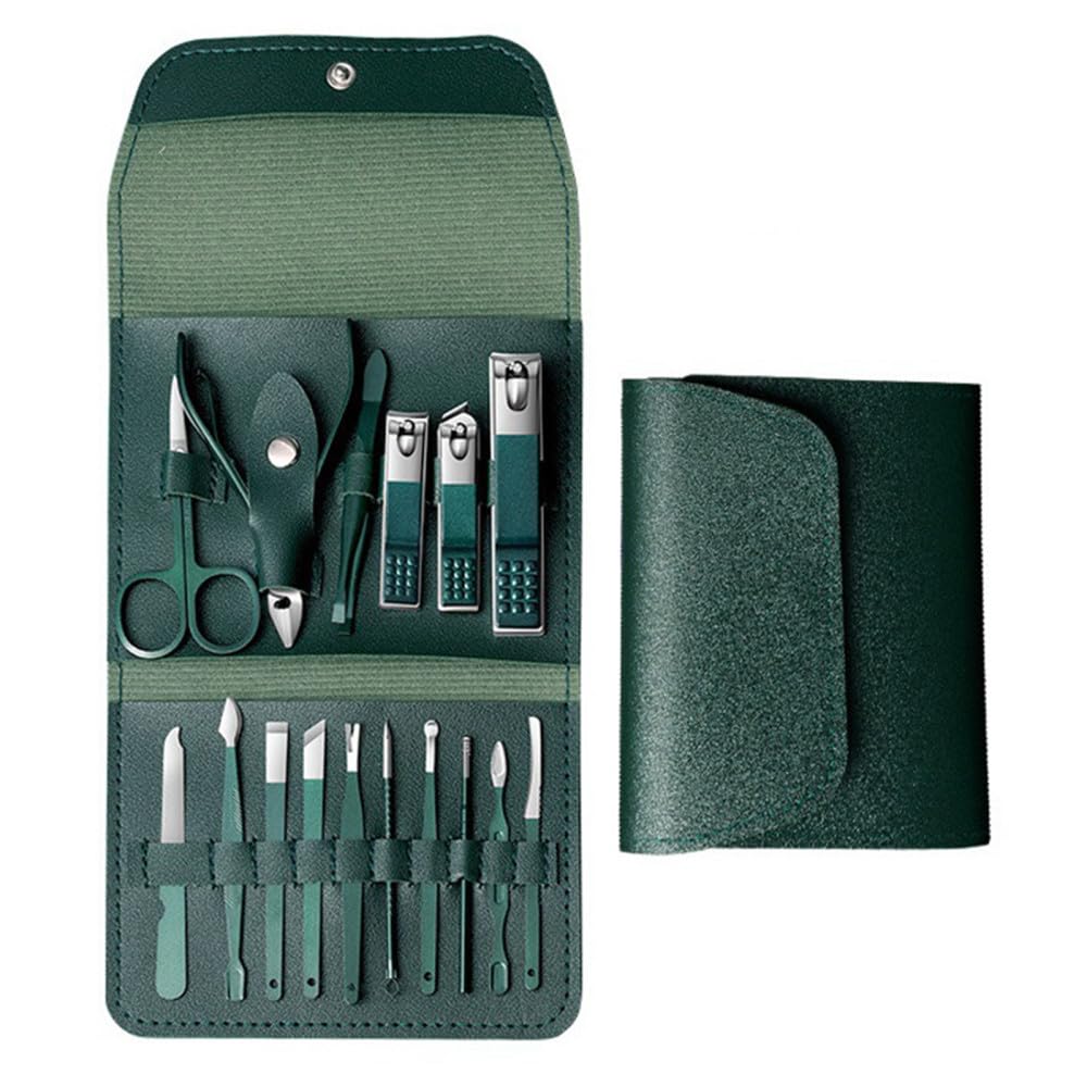 Cortaúñas para manicura, Juego de Tijeras de pedicura de Acero Inoxidable, Estuche de Viaje para Herramientas de Cuidado Personal, 20 Piezas, Color Verde Claro