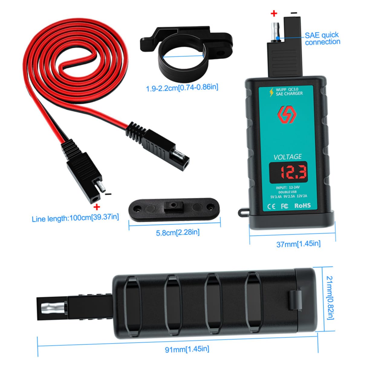 Happyyami 1Set Fast Charger with Button Switch and Voltmeter for Motorcycle Power Outlet Dual SAE Cable Efficient Charging Adapter for Smartphones and Devices