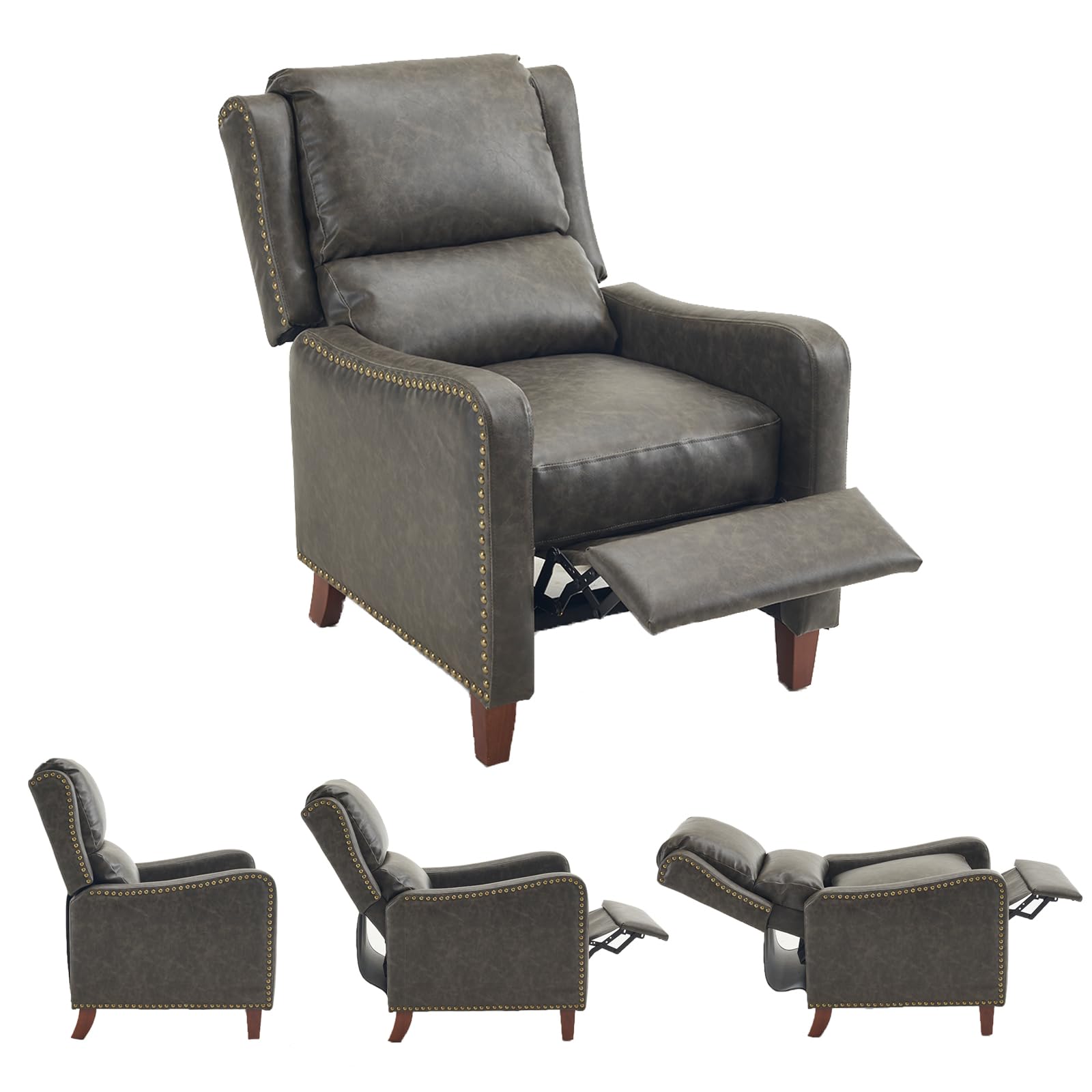 PATIOPTION Leather Pushback Recliner Chair, PU Leather Push Back Armchair, Upholstered Recliner Chair 105-135 Degree Adjustable, Retro Accent Chair