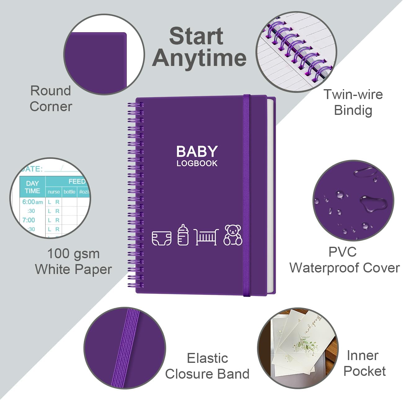 Heveboik Baby’s Daily Log Book – A5 Baby’s Tracking for Newborns, 150 Easy to Fill Pages to Track and Monitor Your Newborn Baby’s Schedule, Purple