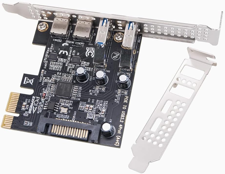 JMT PCI-E Desktop to 4-Port USB3.2 Expansion Card 5Gbps USB-C+A Adapter MCA627 with SATA 15PIN Power Port for 2U Small Chassis / 4U Large Chassis