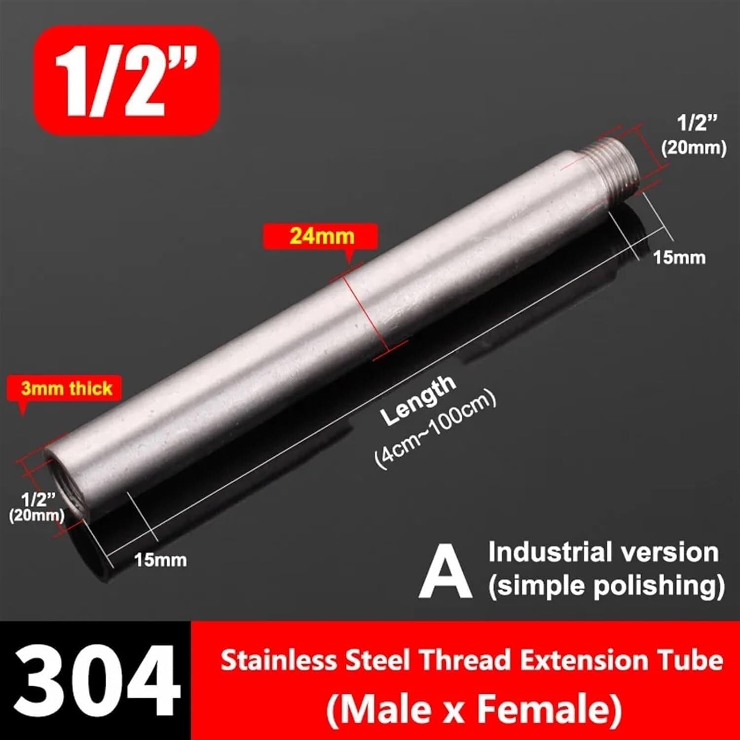 Accesorio de tubería, 1 Pieza, Tubo de extensión de Rosca Macho x Hembra, Adaptador de Conector de tubería sin Costura de Acero Inoxidable 304, Longitud de 1/2 "2,5-100 cm(1/2"*20 cm)