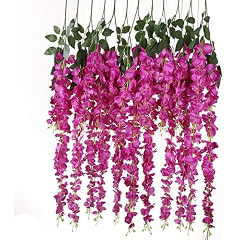 Veryhome 12PCS/Lot 3.6feet/piece Artificial Flowers Fake Wisteria Vine Silk Flower for Wedding Decorations Home Garden Party Decor (Purple Fuchsia) Cover