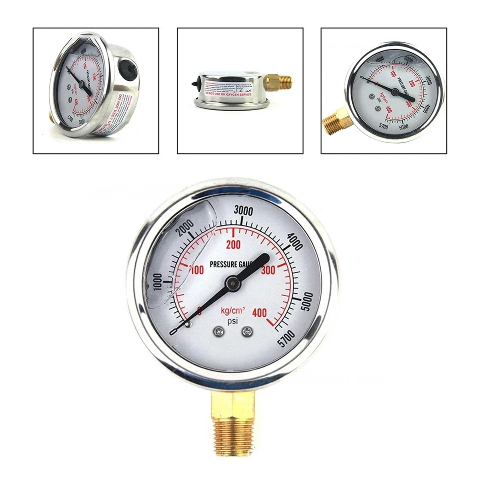 Manómetro de presión， Manómetro hidráulico de Acero Inoxidable de 5000 PSI, Color Plateado, 70 x 70 x 30 mm, con Conector NPT de 1/4 de Pulgada.