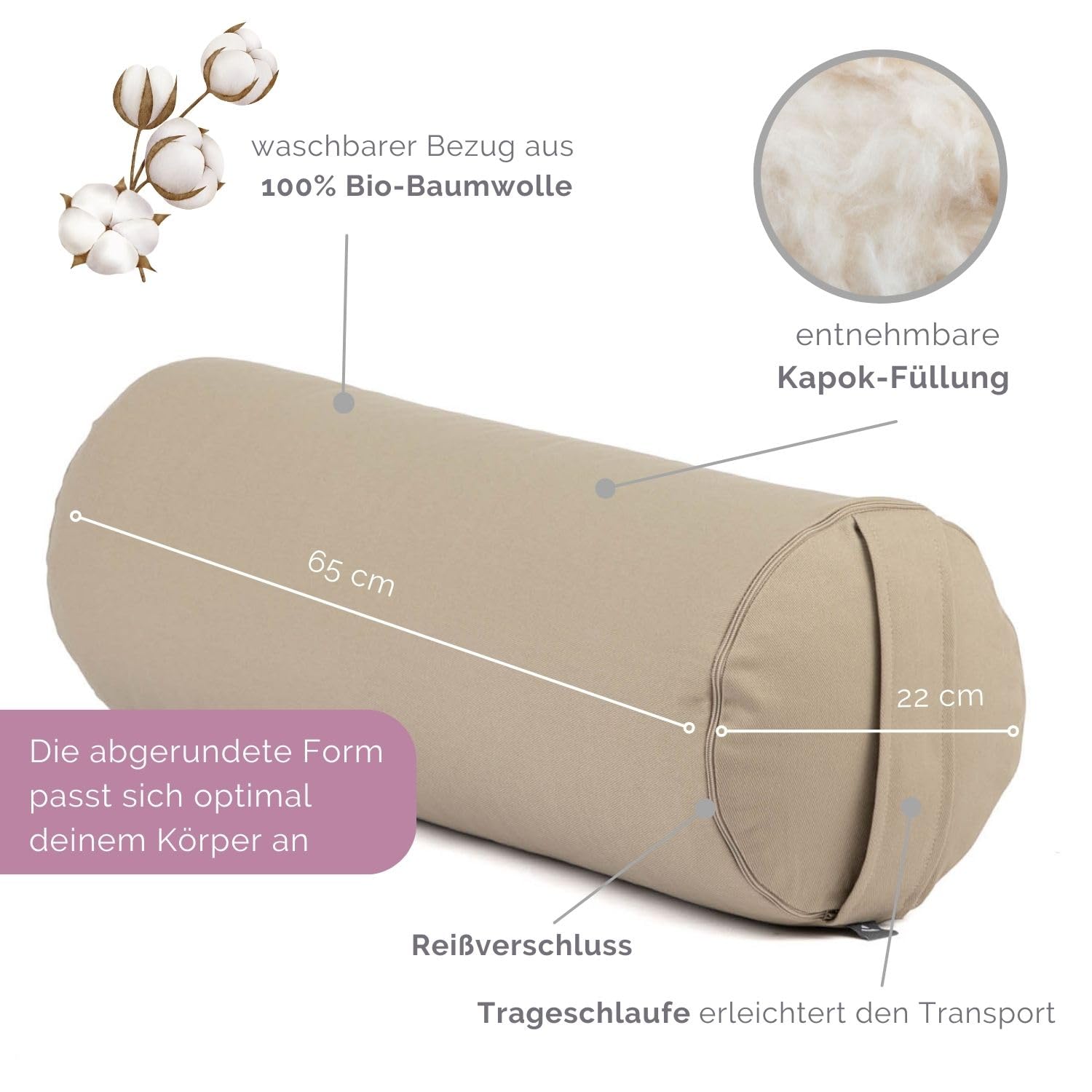 Bodhi Yoga Bolster ECO Serie Yogarolle Kapok-Füllung Bio-Baumwolle 65 x 22 cm