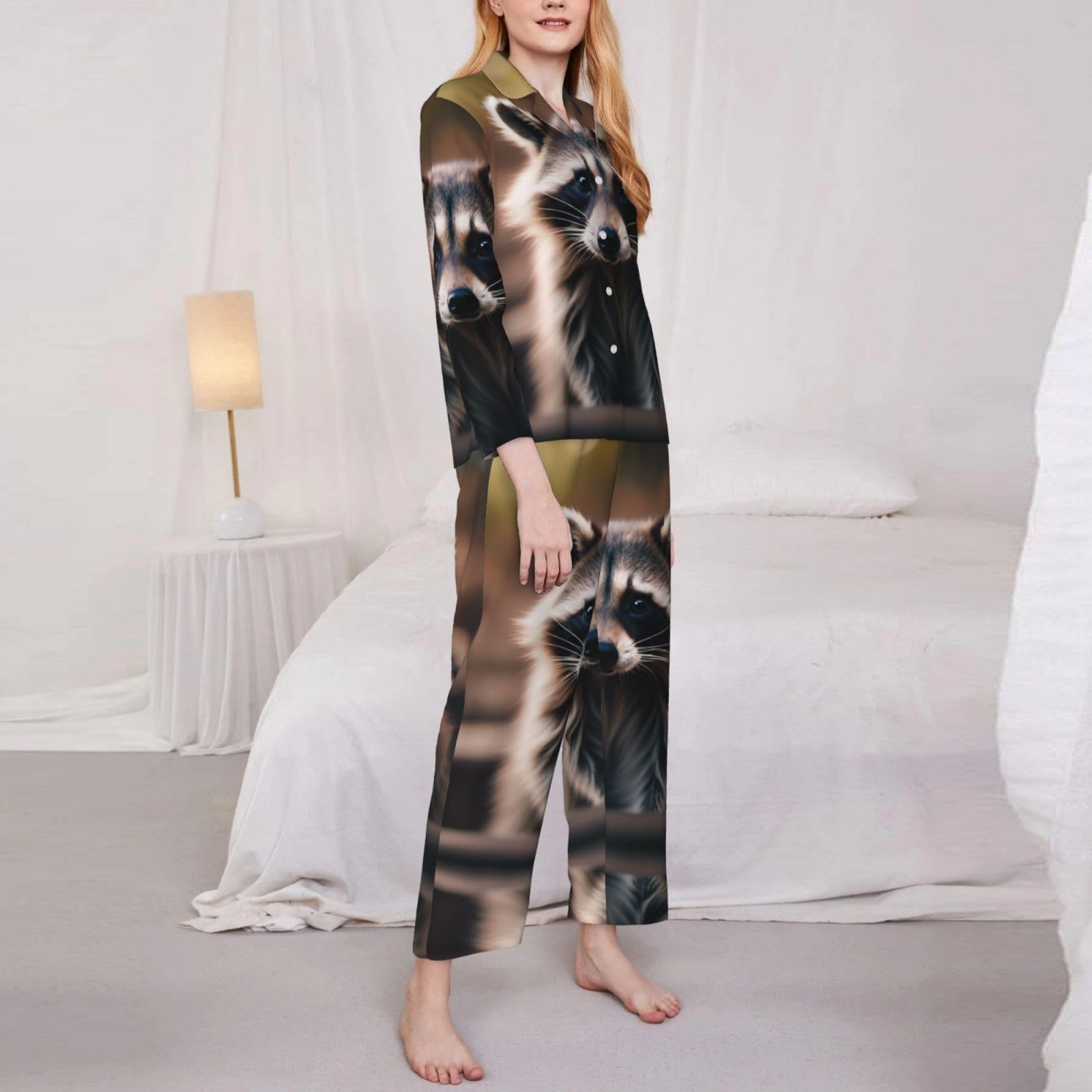 Cute Raccoon (1) Stampa Donne Manica Lunga Pigiama Set Giornaliero Lounge Sleepwear Due Pezzi Morbido Nightwear Wear